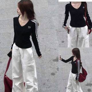  Áo thun dài tay cổ V 3 sọc thể thao Áo ôm body nữ form croptop tôn dáng chất cotton co giãn phong cách Ulzzang 