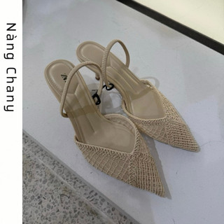  Giày cao gót Z sandal nữ mũi nhọn lưới đan sang chảnh cao 7cm màu be và đen đi tiệc dạo phố công sở 3W055-7 
