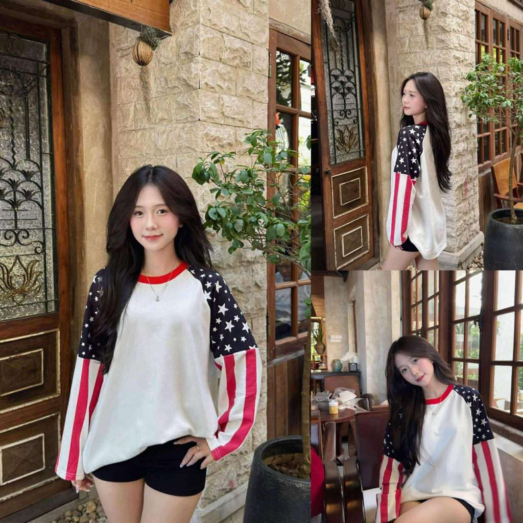 Áo Thun Dài Tay Cờ Mỹ Form Rộng Unisex. Sweeter Raglan Sao Sọc  Vải Cotton Co Giãn