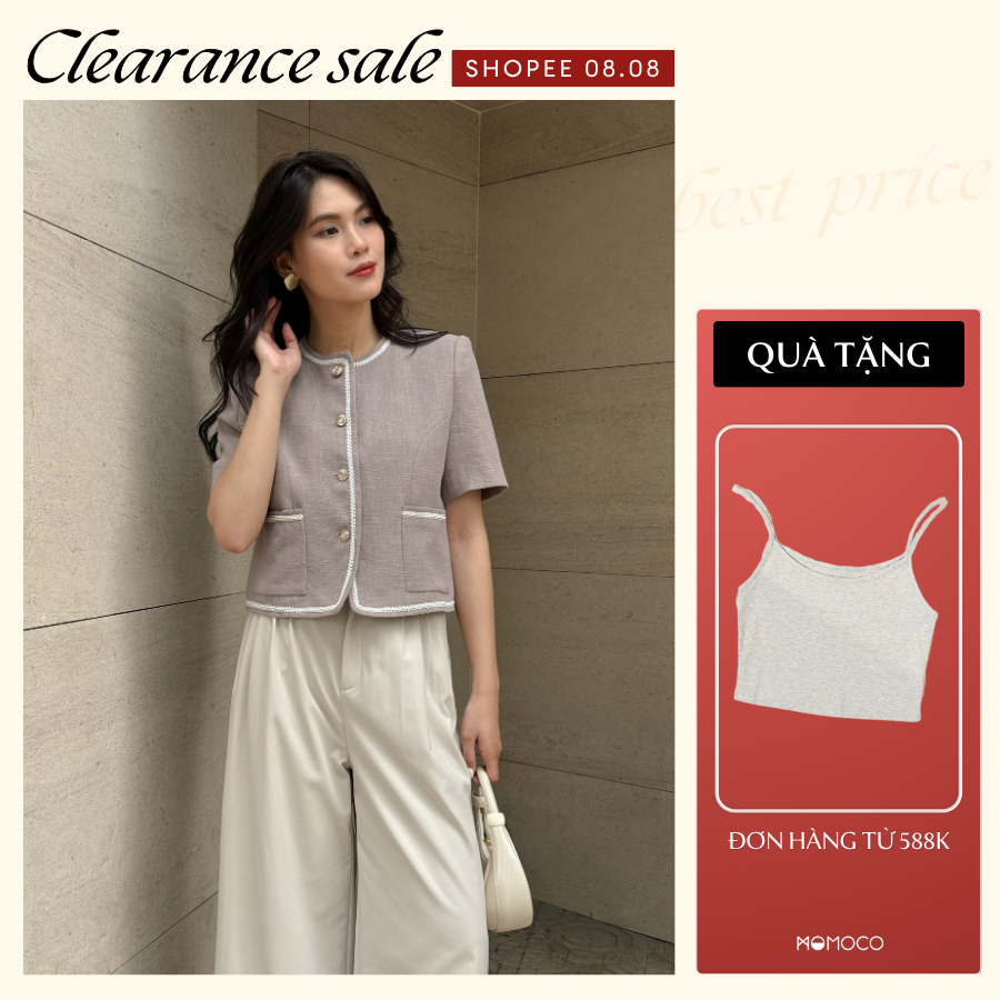 Áo Blazer Nữ Công Sở MOMOCO Ngắn Tay Cổ Tròn Dáng Lửng Chất Liệu Linen Cao Cấp Thanh Lịch M3312