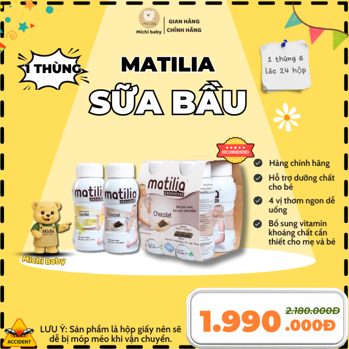 1 Thùng - 6 Lốc 24 Hộp- Sữa bầu matilia Pháp đủ vị (4 hộp x200ml)- Michi Baby MC458