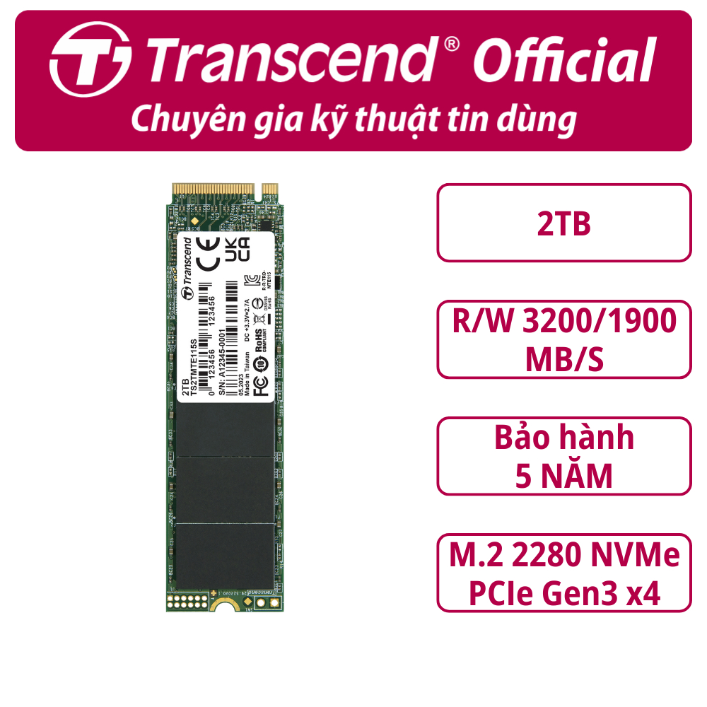 SSD gắn trong Transcend SSD115S 250GB / 500GB / 1TB / 2TB M.2 2280 PCIe Gen3 x4 NVMe upto 3200MB/s -