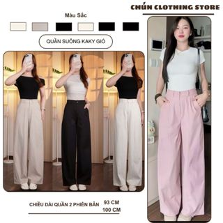  Quần Ống Suông Nữ Chất Kaki Gió Cạp Lưng Chun Khoá Trước Cúc Cài Quần Ống Rộng Co Giãn Lưng Cao 2 Phiên bản 93cm 100cm 