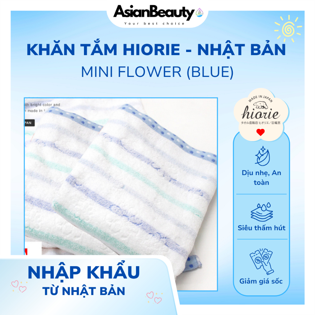 Khăn Tắm Cao Cấp Nhật Bản Hiorie 60x120cm, Khăn Tắm Cotton Họa Tiết Mini Flower Xanh, Mềm Mại