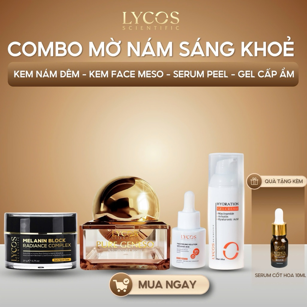 {Tặng Serum cốt hoa 10ml} COMBO MỜ NÁM SÁNG KHỎE LYCOS (Gồm: Kem nám đêm - Kem Face - Tinh chất peeling - Dưỡng ẩm b5)
