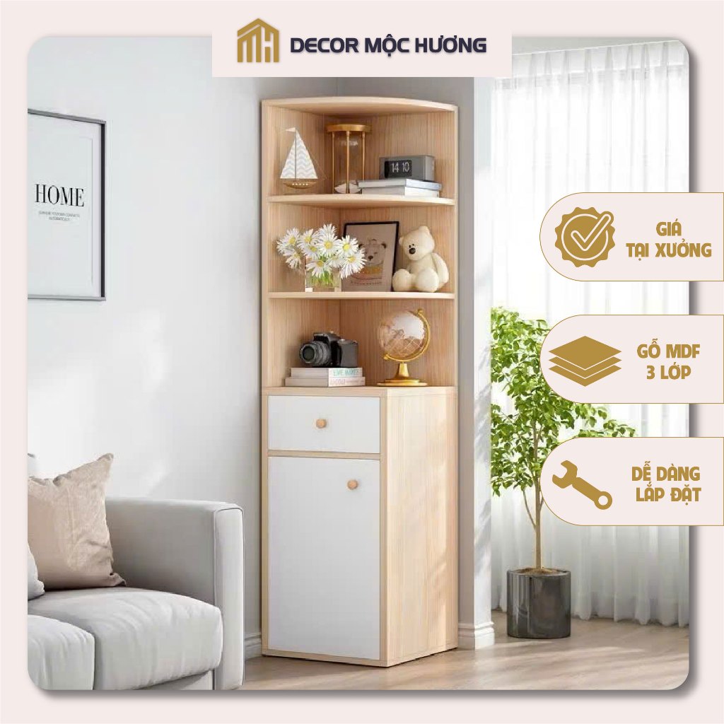 Kệ góc tường MỘC HƯƠNG, kệ decor có tủ đa năng, kệ để đồ bo góc tròn, chất liệu gỗ MDF chống nước ch