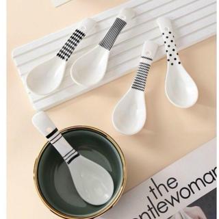 Set 5 Thìa Sứ, Muỗng Ăn Súp Hoạ Tiết MàuTrắng Đen phong Cách Hiện Đại