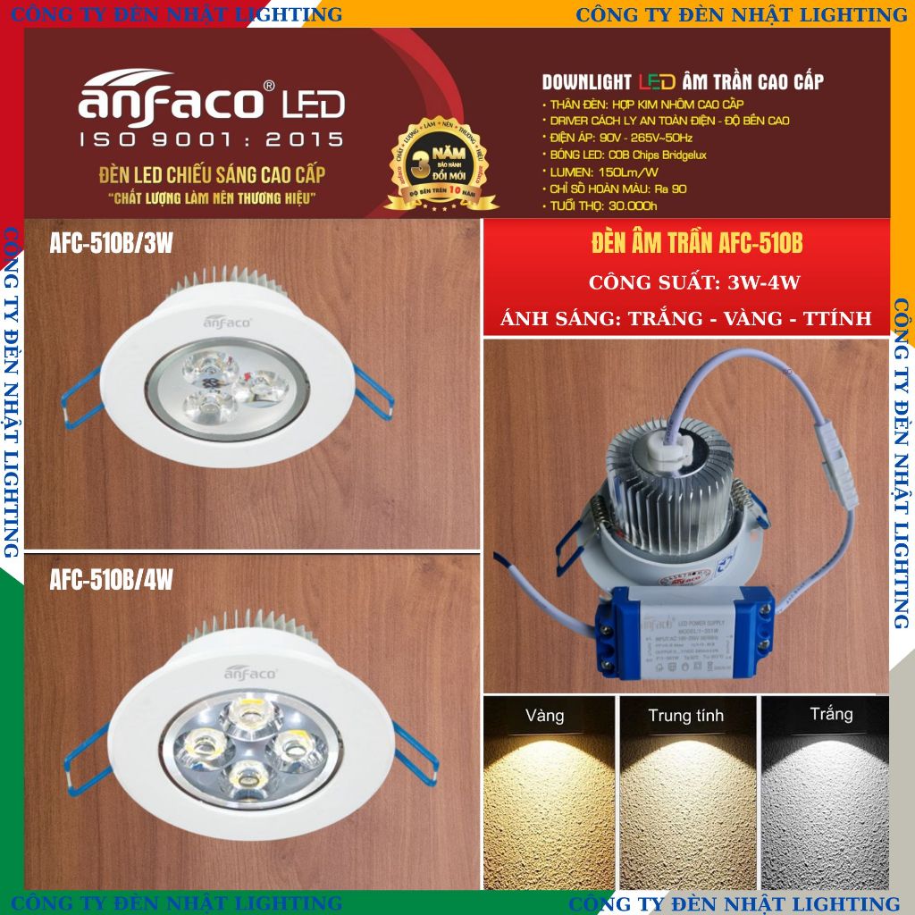 [CTY NHẬT LIGHTING] Đèn âm trần, led downlight chính hãng ANFACO 510 B - 3W 4W, BH 3 năm - New 05.26