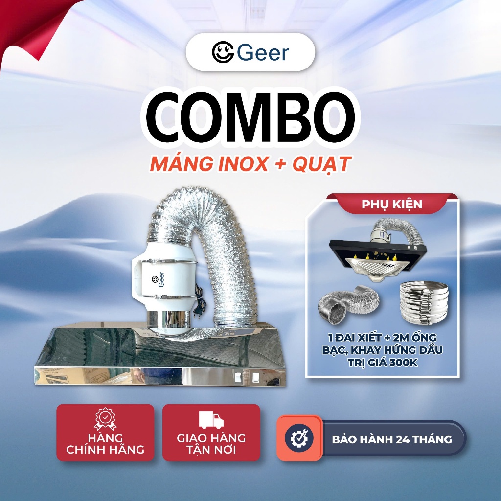 Combo máng hút khói inox201 + quạt thông gió + khay hứng dầu GEER – hút khói mùi bếp, lọc không khí, hàng chính hãng