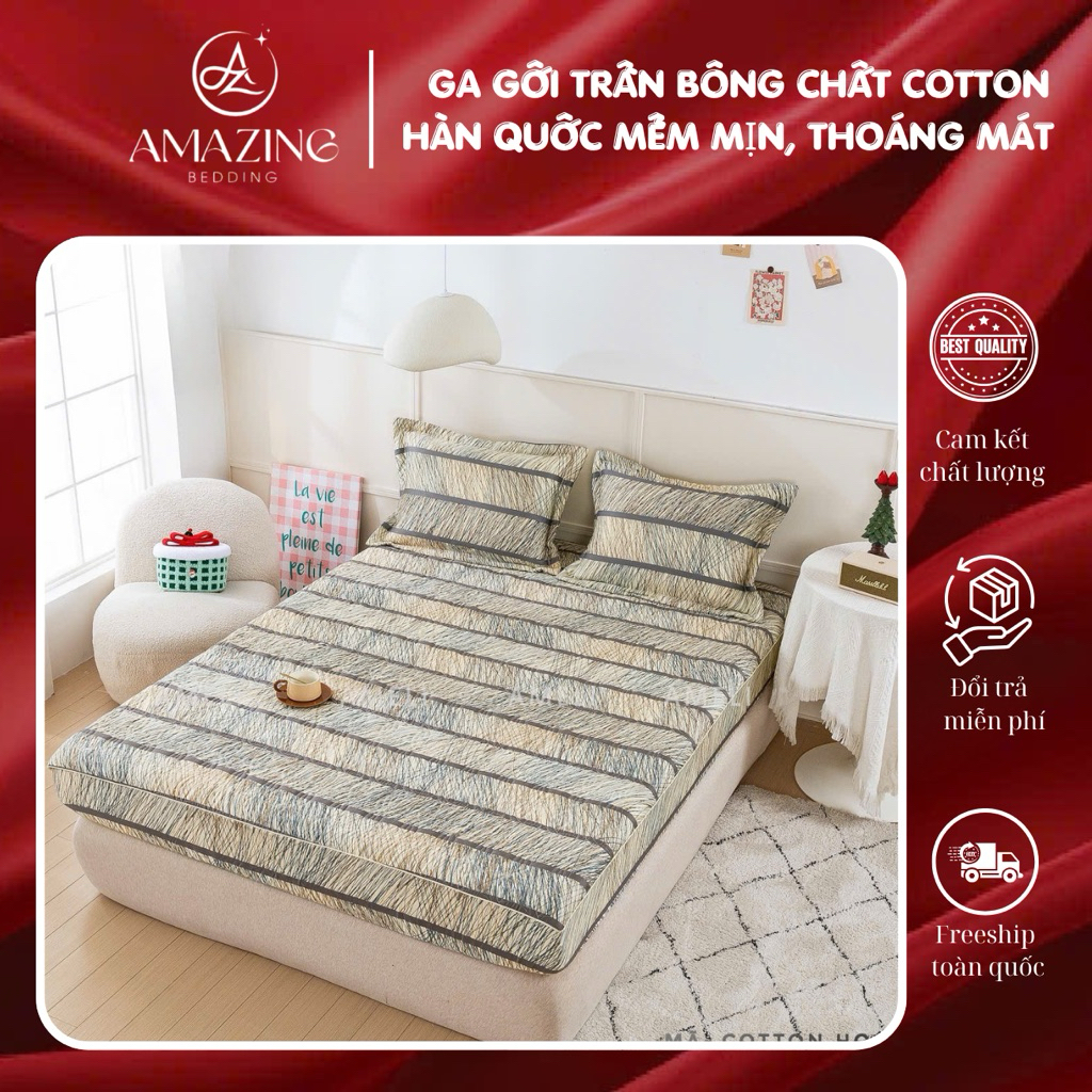 Sét ga gối chun trần bông chất liệu cotton Hàn Quốc 100% hàng đẹp loại 1 thoáng mát thấm hút tốt