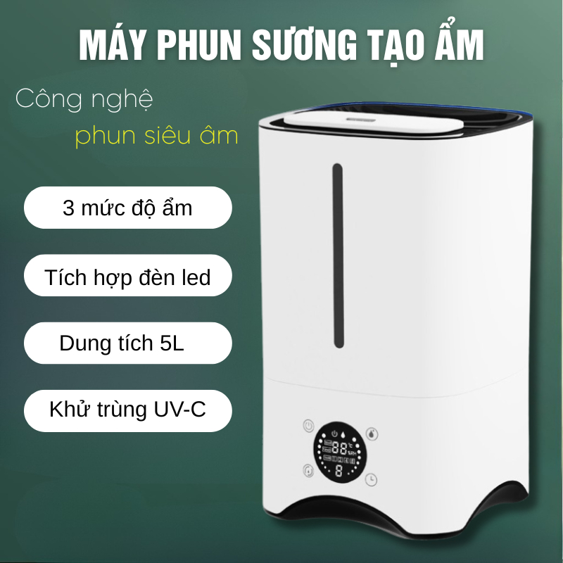 Máy Phun Sương Tạo Ẩm Không Khí Dung Tích 5L Máy Khuếch Tán Tinh Dầu Có Đèn Báo Máy tạo ẩm diệt khuẩn 99,9%