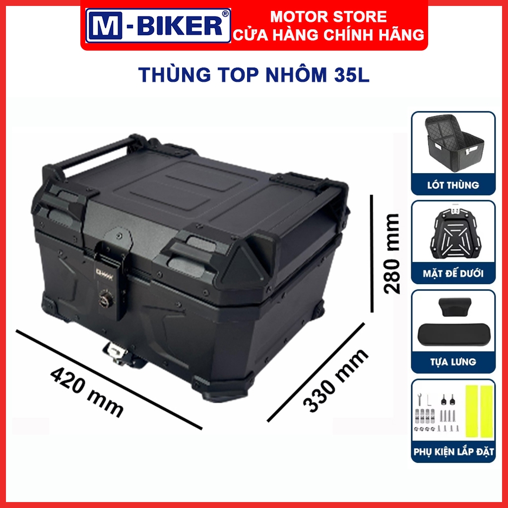 Thùng top nhôm 35L chữ M, Thùng nhôm gắn xe máy xe moto dung tích 35L, Thùng nhôm chính hãng MBIKER
