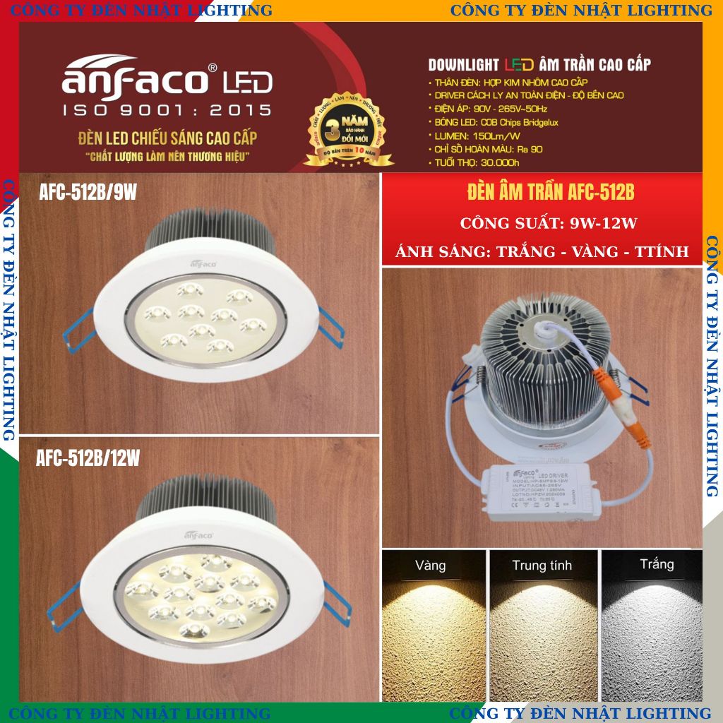 [ CTY NHẬT LIGHTING ] Đèn âm trần, đèn led downlight chính hãng ANFACO AFC-512B/9W/12W