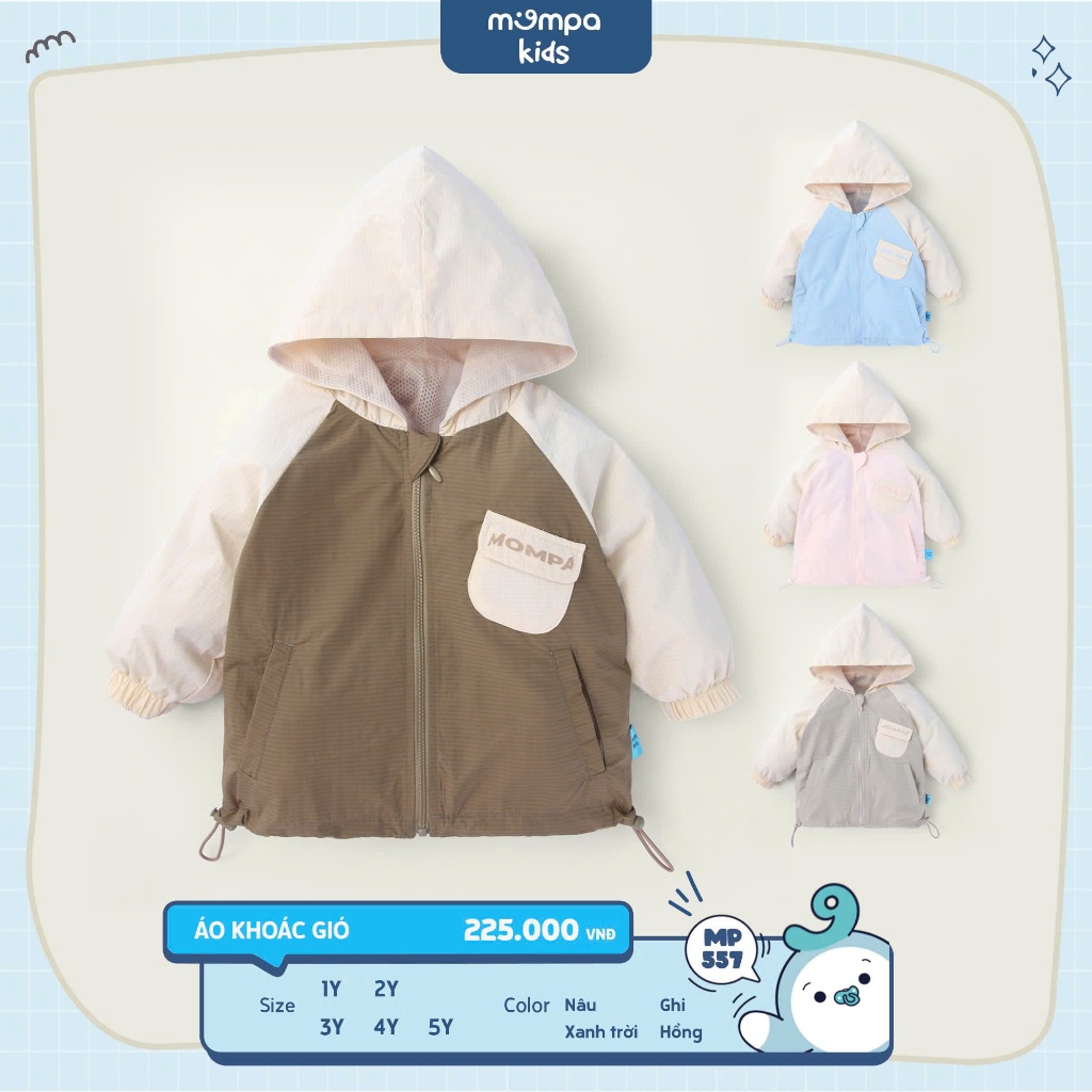  Mompa - Áo khoác gió 2 lớp phối màu có mũ cho bé trai bé gái từ 1 đến 5 tuổi 