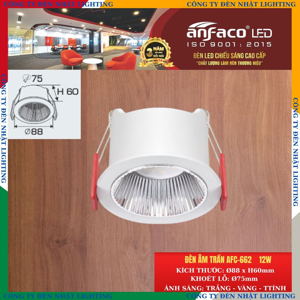 [CTY NHẬT LIGHTING] Đèn âm trần, đèn led downlight chính hãng ANFACO 662 - 12W, BH 3 năm