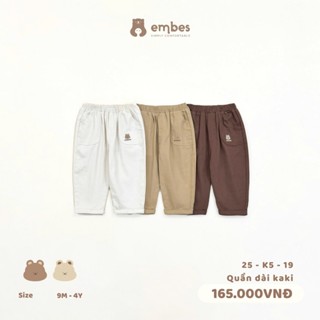 Quần Dài Cho Bé Embes, Quần Dài Kaki Thêu Hình Màu Trơn Chất Mềm Cho Bé Trai Bé Gái Size Từ 8kg-18kg