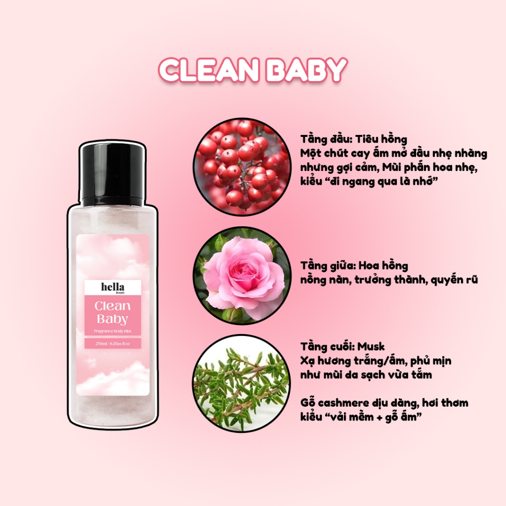 Xịt thơm body mist hương nước hoa Hella Beauty 250ml lưu hương lâu, an toàn cho da nhạy cảm