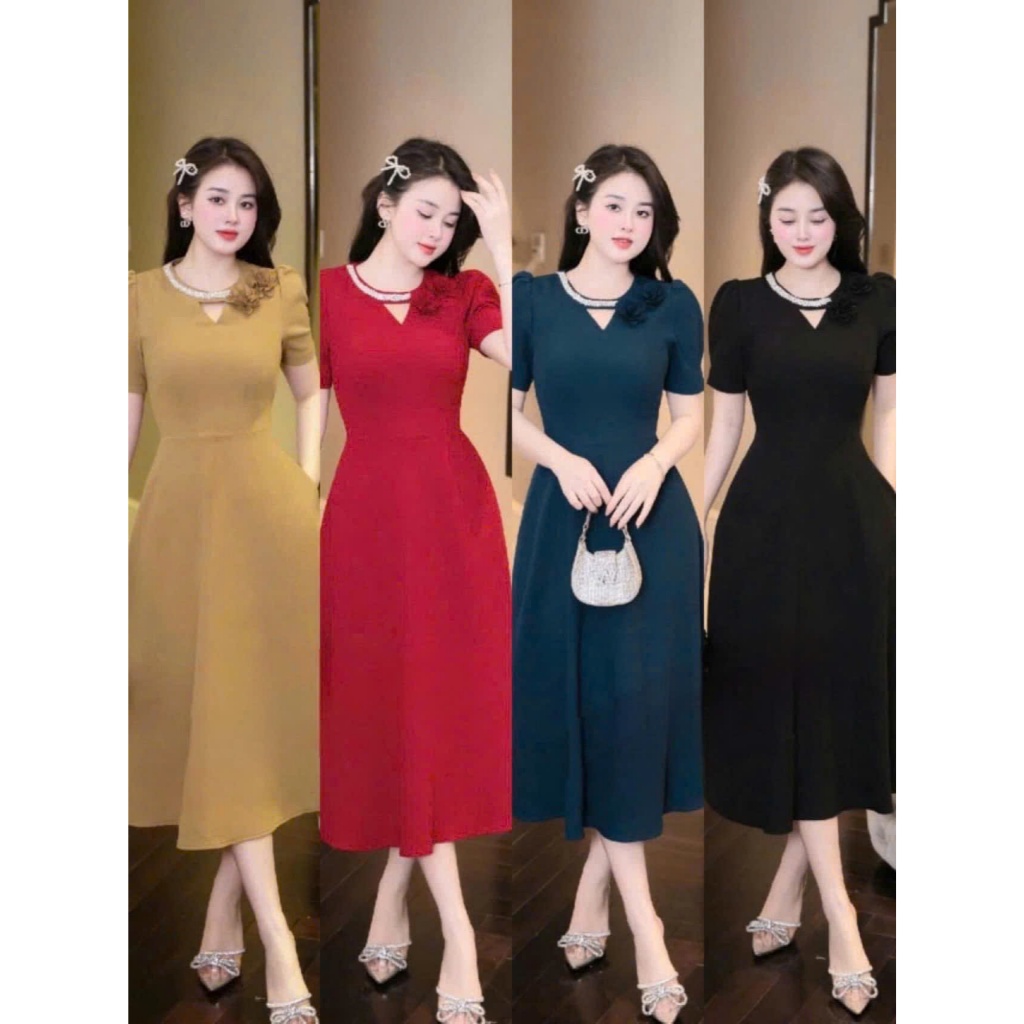 Đầm nữ cổ V đính hoa thanh lịch cho mẹ, Đầm váy dự tiệc u30, u40 sang trọng