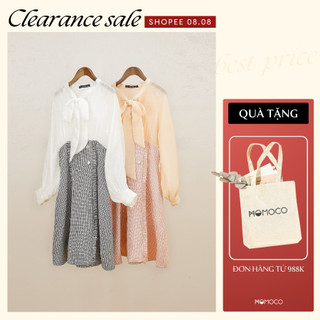 Váy Dạ Phối Voan Tay Bồng MOMOCO Cổ Thắt Nơ Điệu Đà Màu Sắc Trẻ Trung Nữ Tính M3039