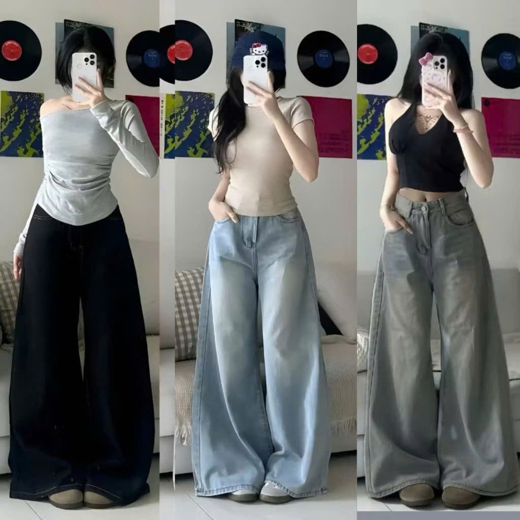 Quần jean bò ống suông rộng ống 33 cm jeans cạp cao phong cách style ms306