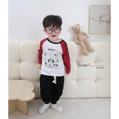 Set thun dài Beemo in hình chú chó phối tay raglan vải cotton mềm cho bé đi học, đi chơi 5268BDB