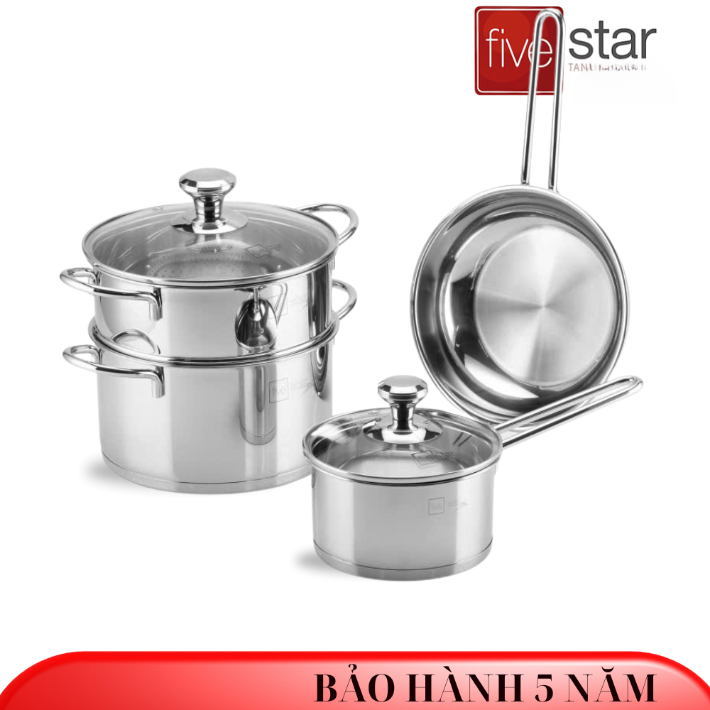 Bộ 3 Nồi + 1 Chảo + 1 Quánh  Inox Cao Cấp Fivestar Chính Hãng – 304 Nguyên Khối