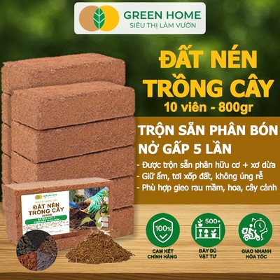 10 Viên Đất Trồng Cây GreenHome, Viên Nén 800GR, Trộn Sẵn Phân Bón, Nở Gấp 5 Lần,Trồng RAU HOA KIỂNG
