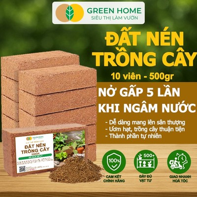 10 Viên Đất Trồng Cây GreenHome, Viên Nén 500gr, Đã Qua Xử Lý, Bổ Sung Vi Sinh, Nở Gấp 5 Lần