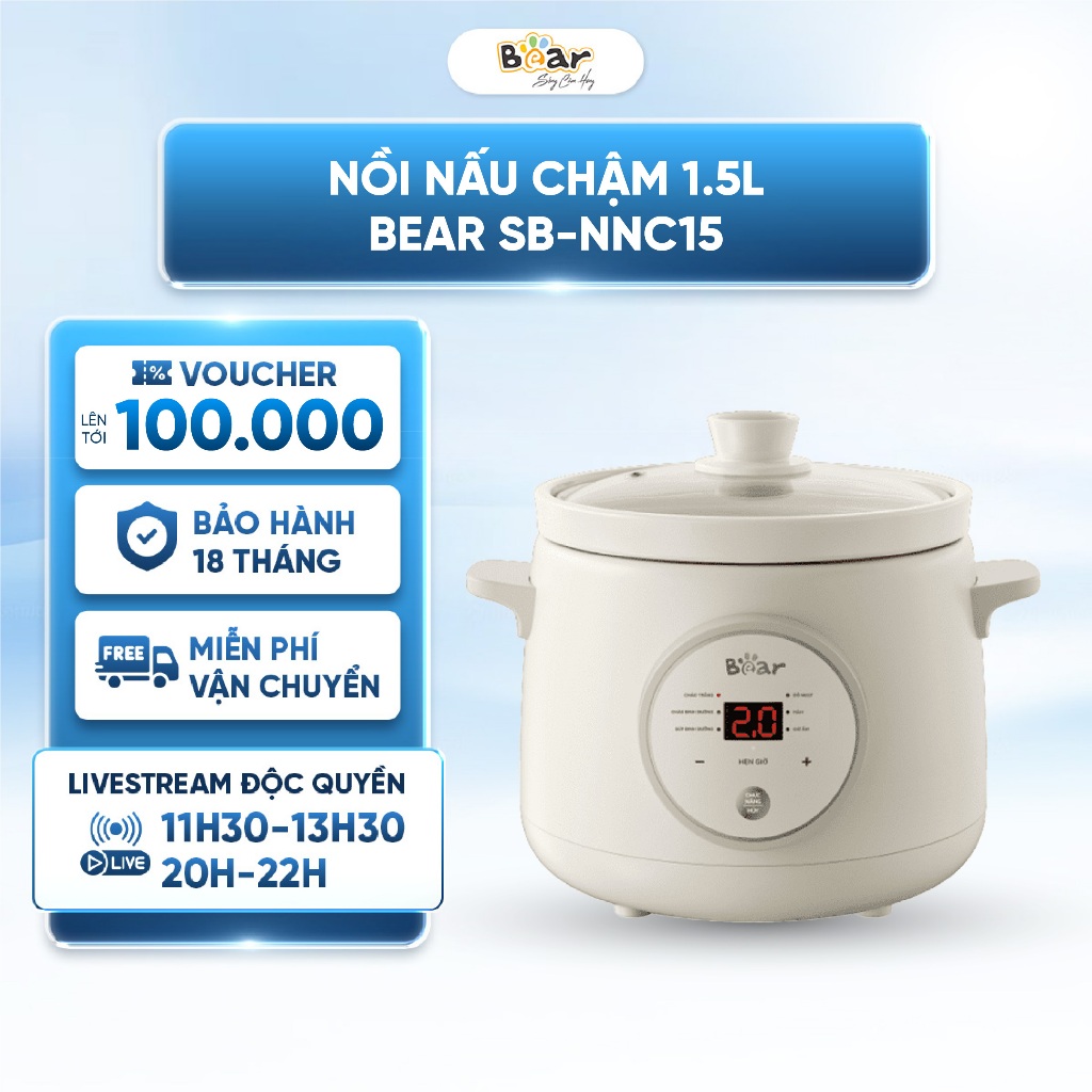 Nồi Nấu Chậm 1.5 lít Bear SB-NNC15 - Phiên bản tiếng Việt - 6 Chức năng nấu -  Dễ sử dụng - Hẹn giờ lên tới 9.5H