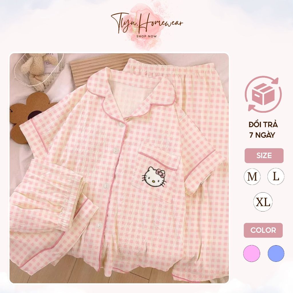 (Quần ngắn+Quần dài) Bộ Mặc Nhà Nữ 3 Món, Pyjamas Nữ Hello Kitty Tay Ngắn Caro Dễ Thương Tlyn.Homewe