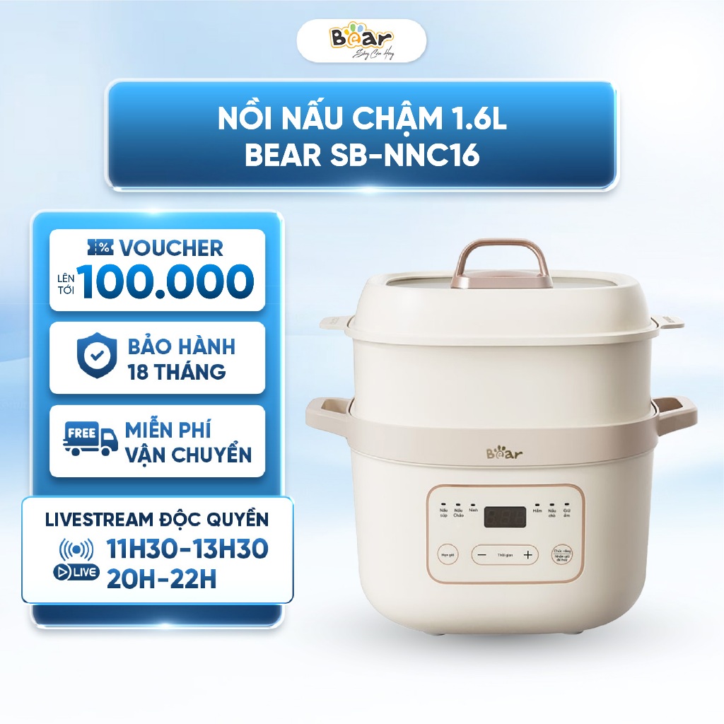 Nồi Nấu Chậm Đa Năng 1.6 lít Bear SB-NNC16 - 6 chế độ nấu - Hấp trên Hầm dưới - Bảo toàn dinh dưỡng - Bảo Hành 18 Tháng