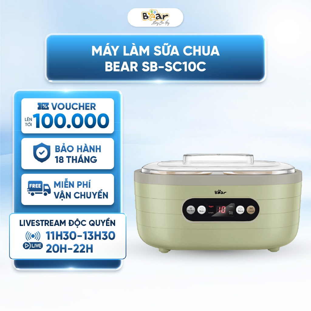 Máy Làm Sữa Chua Bear SB-SC10C - Làm sữa chua – Rượu gạo – Natto – Các món hấp - Lòng nồi gốm sứ tự nhiên - BH 18 Tháng