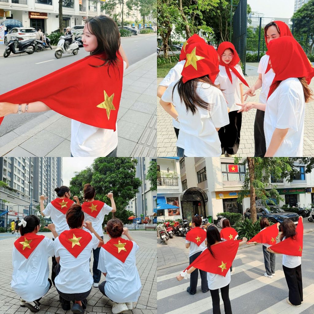 Khăn quàng đỏ sao vàng, khăn cờ Tổ Quốc, khăn yêu nước, khăn tam giác, sao da simili, vải đũi tơ mềm mại