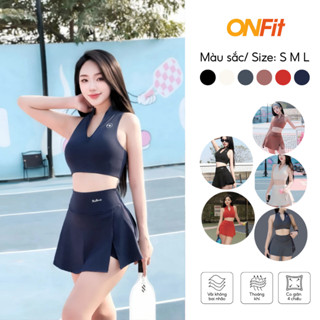 Set Váy Thể Thao Zipper Onfit Chơi Pickleball, Tennis, Golf Áo Ba Lỗ Cổ V Phối Chân Váy Ngắn Xẻ Đẹp SES24001