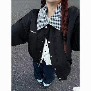  【Ảnh thật shop-Sẵn hàng loại1 Áo khoác nữ thu đông cản gió màu đen cổ bẻ KẺ CARO 2 lớp khuy bấm chắc chắn 