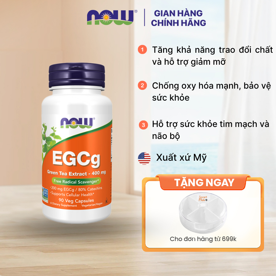 Viên uống trà xanh giảm cân Now EGCg Green Tea Extract (90 viên) hỗ trợ đốt mỡ, đẹp da, giảm lão hóa