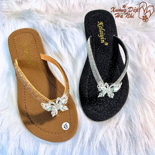  Dép Kẹp Nữ Hà Nhi Đính Đá Bướm Pha Lê Hạt Lớn Đế Mềm Nhẹ Chống Trượt Size 36-39 Màu Nâu Đen 