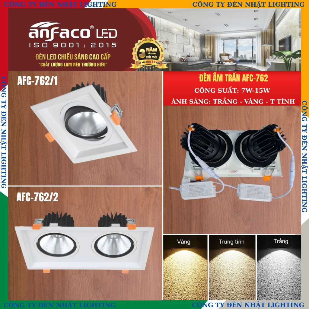 [CTY NHẬT LIGHTING] Đèn âm trần, đèn led downlight chính hãng ANFACO 762 - 7W 15W điều chỉnh góc