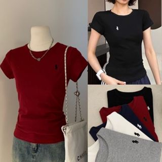 Áo Thun Baby Tee Nữ Ôm Body WGWE 3252 Tay Ngắn Trơn Basic Thêu Ngựa Cotton Mềm Mịn