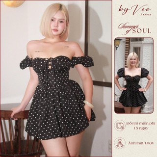 Đầm chấm bi Melia Dress ByVee Style, Váy bí phồng trễ vai tay bồng thắt dây trước ngực tôn dáng đi chơi, đi hẹn hò