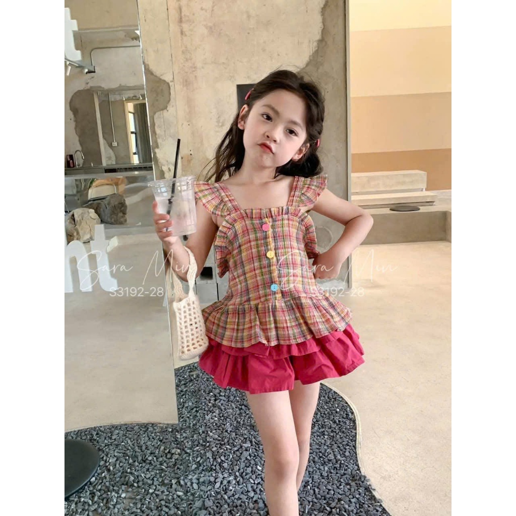 SET ÁO KẺ CARO HỒNG BÈO PHỐI CHÂN VÁY BÉ GÁI