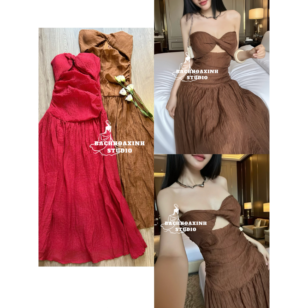 Đầm Dài Dáng Xòe 2 Dây Cúp Ngực Cutout Xoắn Ngực Vải Nhăn Basic Sexy Dự Tiệc