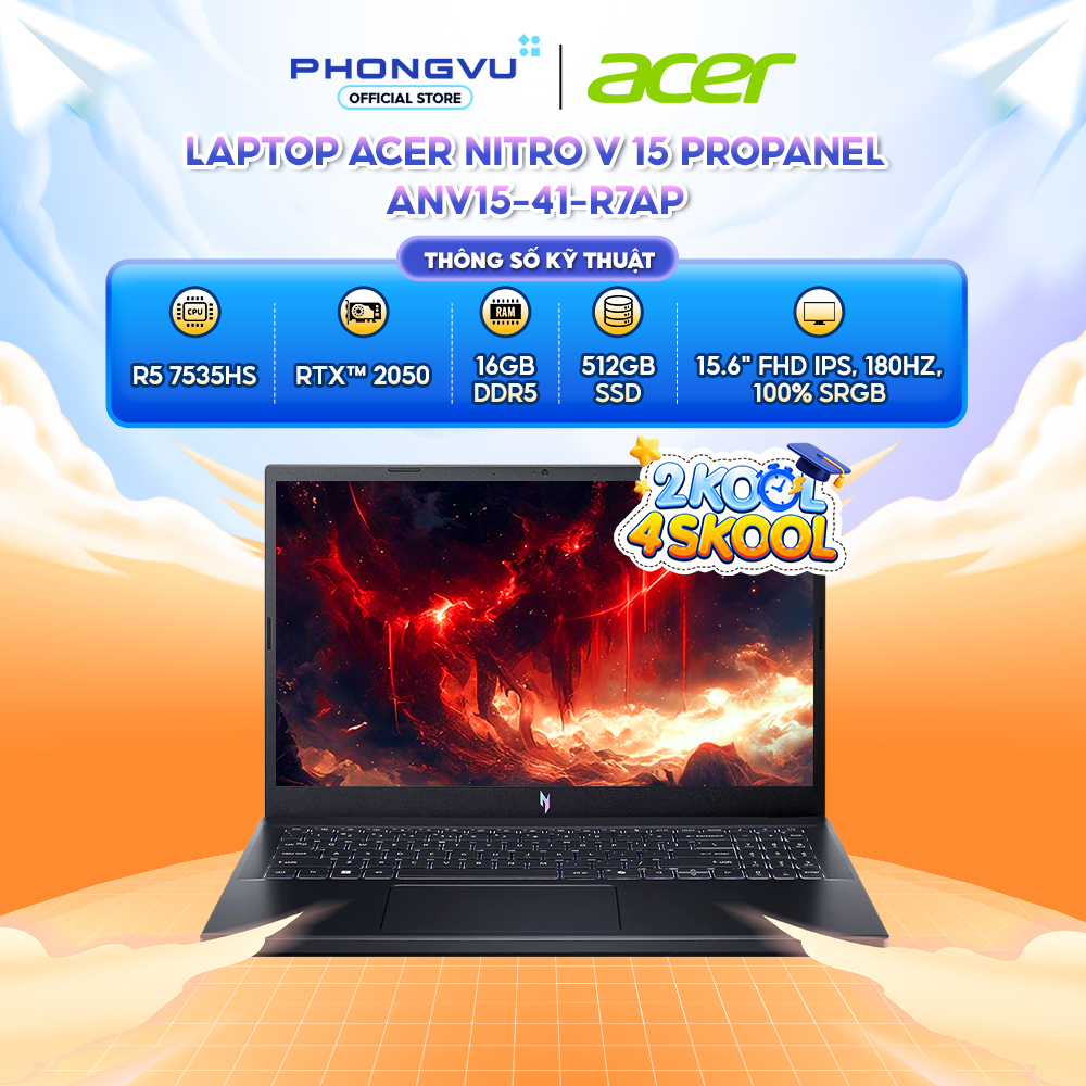  Máy tính xách tay  Laptop Acer Nitro V 15 ProPanel ANV15-41-R7AP  AMD RyzenTM 5 7535HS   Đen  - Bảo hành 24 tháng 