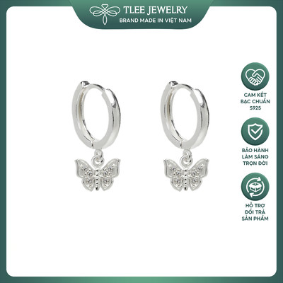 Khuyên tai bạc nữ TLEE tròn chốt bấm dày dặn treo tua hồ điệp đính đá sang trọng TLEE JEWELRY B0624