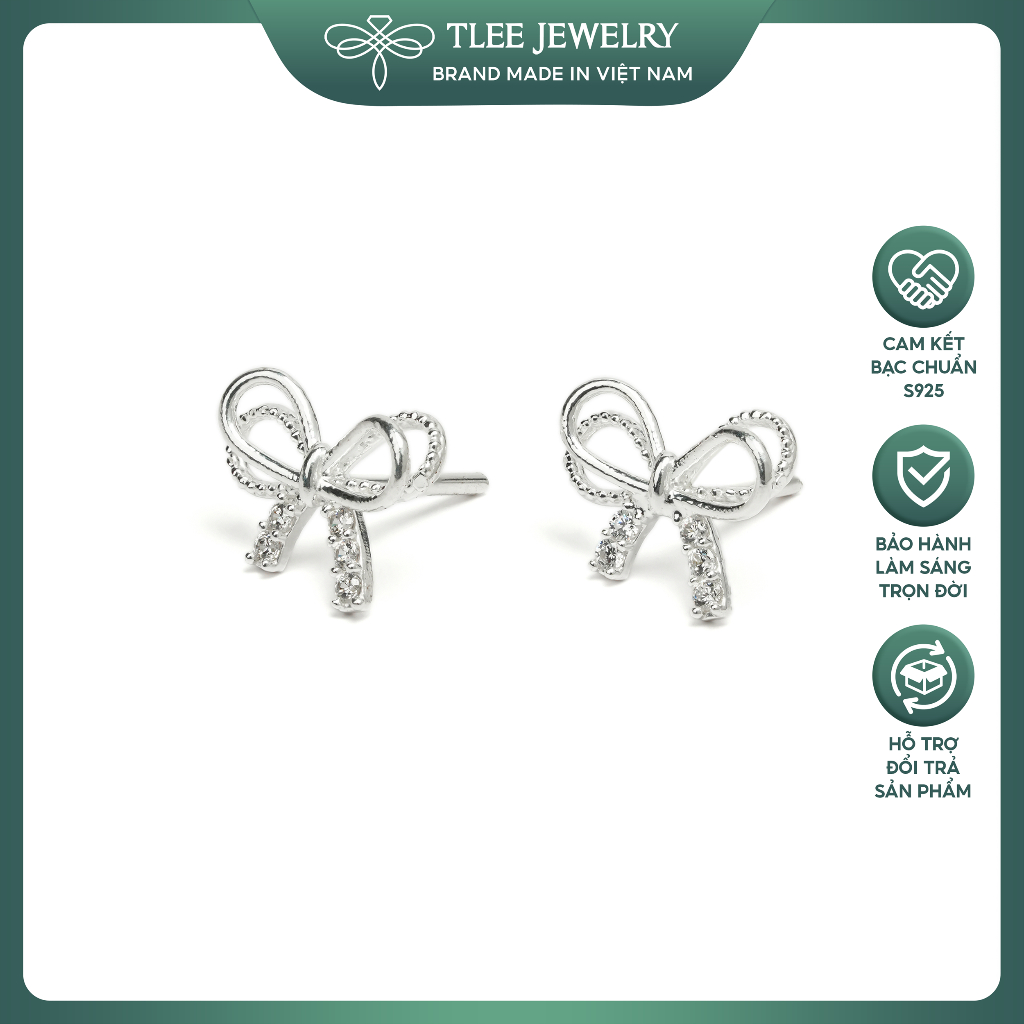 Khuyên tai bạc nữ TLEE nơ thắt cánh kép đính đá xinh xắn, dịu dàng TLEE JEWELRY B0625