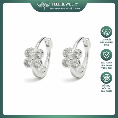 Khuyên tai bạc nữ TLEE tròn chốt bấm cỏ bốn lá may mắn đính đá sang trọng TLEE JEWELRY B0626
