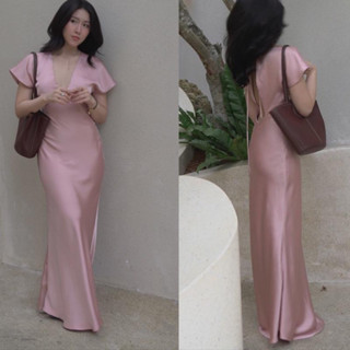  | Vieni Dress | Đầm Lụa Cổ V Sâu Hở Lưng Có Tay Không Mút Có Dây Kéo 