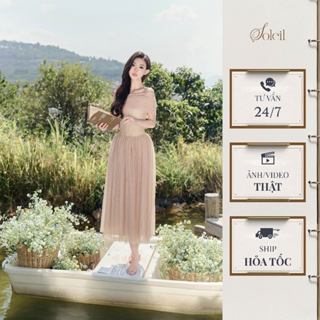 Váy Đầm Thiết Kế Nữ Dáng Dài Bồng Xòe Trễ Vai Phối Lưới Màu Be Đi Tiệc SOLEIL - BALLET DRESS VD36