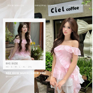 Set váy hồng nữ bánh bèo tiểu thư trễ vai chân váy xòe mặc đi biển đi tiệc cafe sinh nhật [Clara Set] Tiệm Nhà Cá