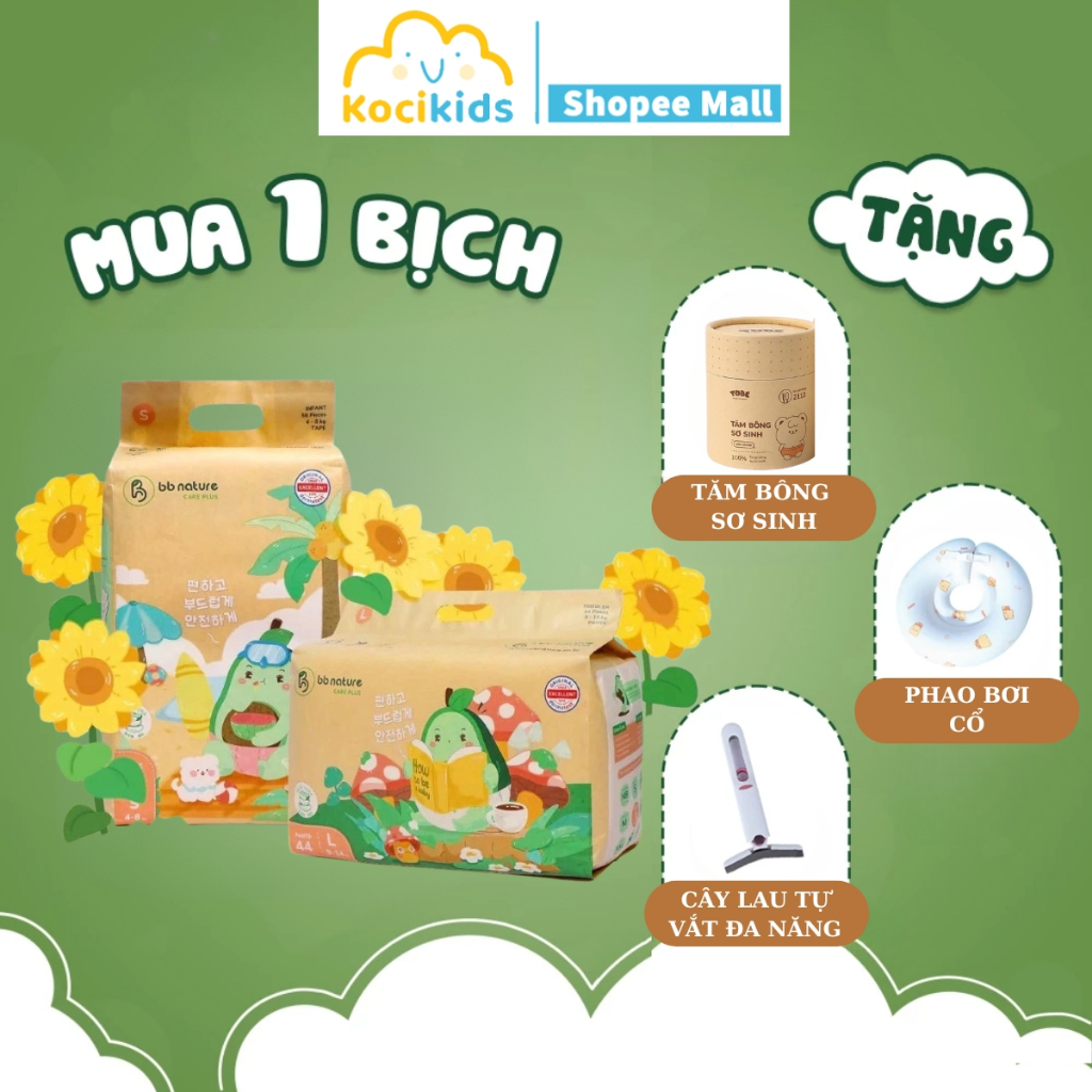 (COMBO QUÀ 1 BỊCH) Tã/bỉm BB Nature Care Plus tinh chất nha đam mềm mại đủ size cho bé từ 4-30KG